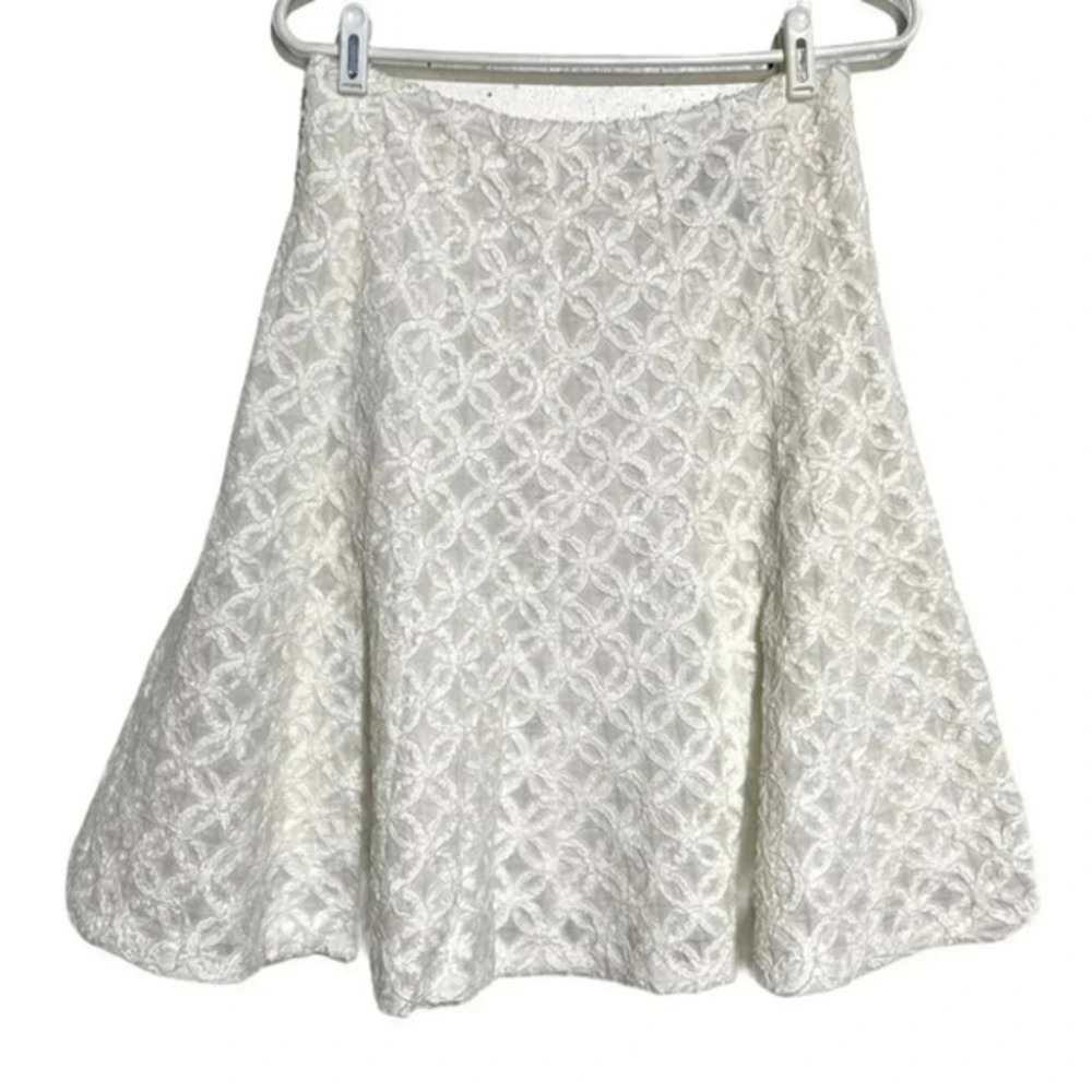 THE WRIGHTS Skirt‎ 6 White Geometric Lace Eyelet Silk Lined A-Line Flare Mini